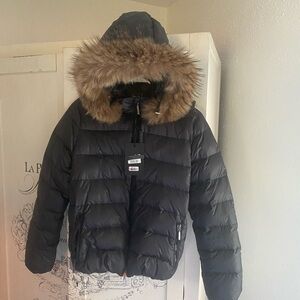 Women's Black Puffer Jacket with Faux Fur Hood